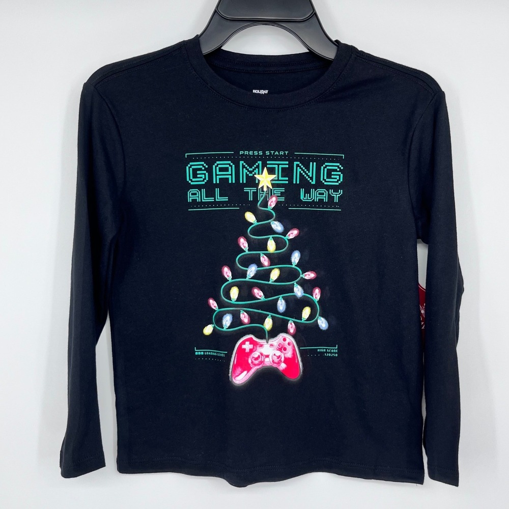 Gaming Christmas Tree Shirt Kids 6-7 Black Long Sleeve Tee Holidays Festive